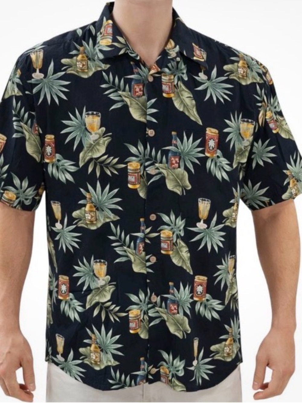 Campia Moda Hawaiian Shirt XXL — Black Tropical Novelty Liquor Print 100% Rayon